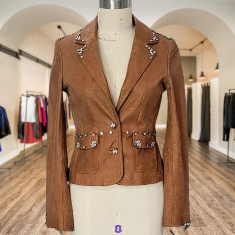 One-of-a-kind Genuine Leather Blazer with Vintage Gem Bead Embellishments